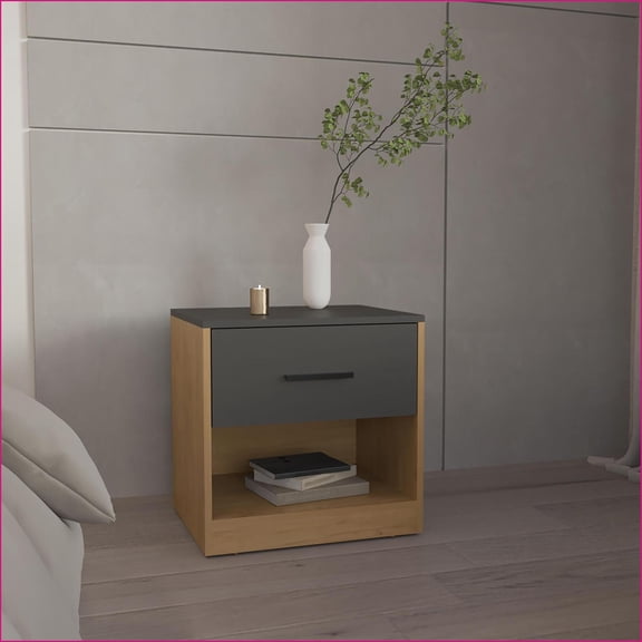 Modern Natural Oak & Gray Nightstand with 1 Door + 1 Shelf