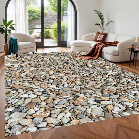 Modern Natural Pebble Stone Pattern Farmhouse Rug Beige Brown Stones Texture Indoor Area Rugs for Backyard Living Room Bedroom Easy Clean Mat Rustic Home Decor Carpet-2' x 3'