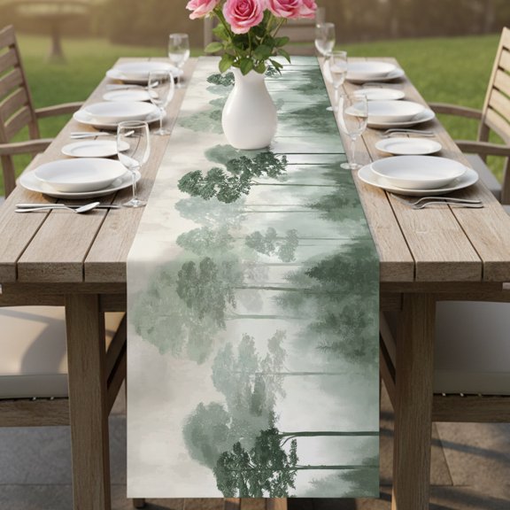 Modern Natural Pine Trees Table Runner 13x36in Non-Slip Cotton Linen Table Runners, Green Plant Misty Forest Dresser Scarves TableRunner for Dinner Kitchen Dining Wedding Party