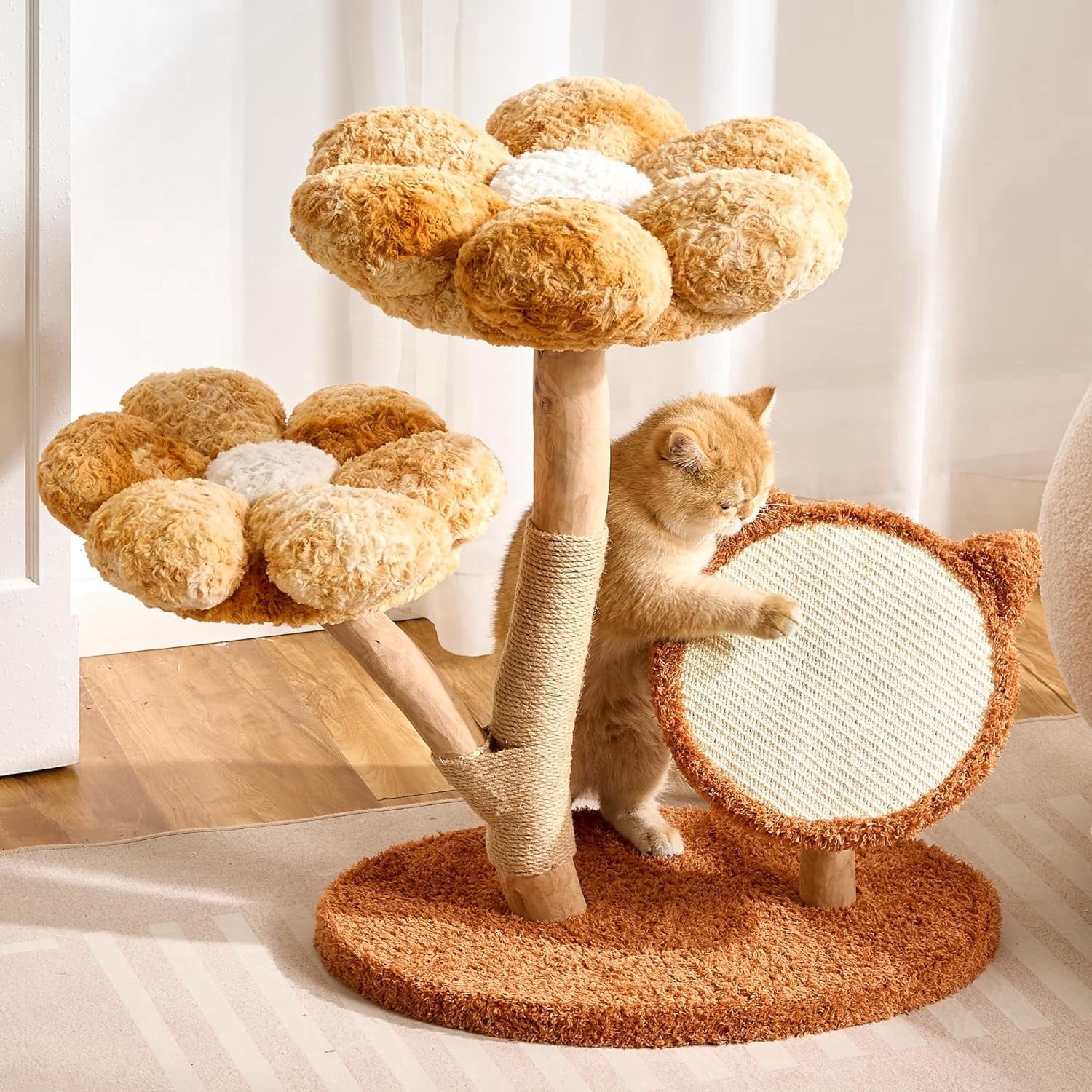 Modern Natural Solid Wood Cat Tree Tower for Indoor Cats Large Adult, 30 inch Flower Cat Tree with Scratching Post, Luxury Aesthetic Cat Tree with Cloud-Soft Flower Perches and Sisal Scratching Pad