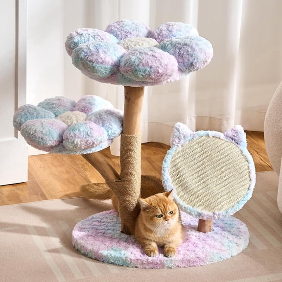 Modern Natural Solid Wood Cat Tree Tower for Indoor Cats Large Adult, 30 inch Flower Cat Tree with Scratching Post, Luxury Aesthetic Cat Tree with Cloud-Soft Flower Perches and Sisal Scratching Pad