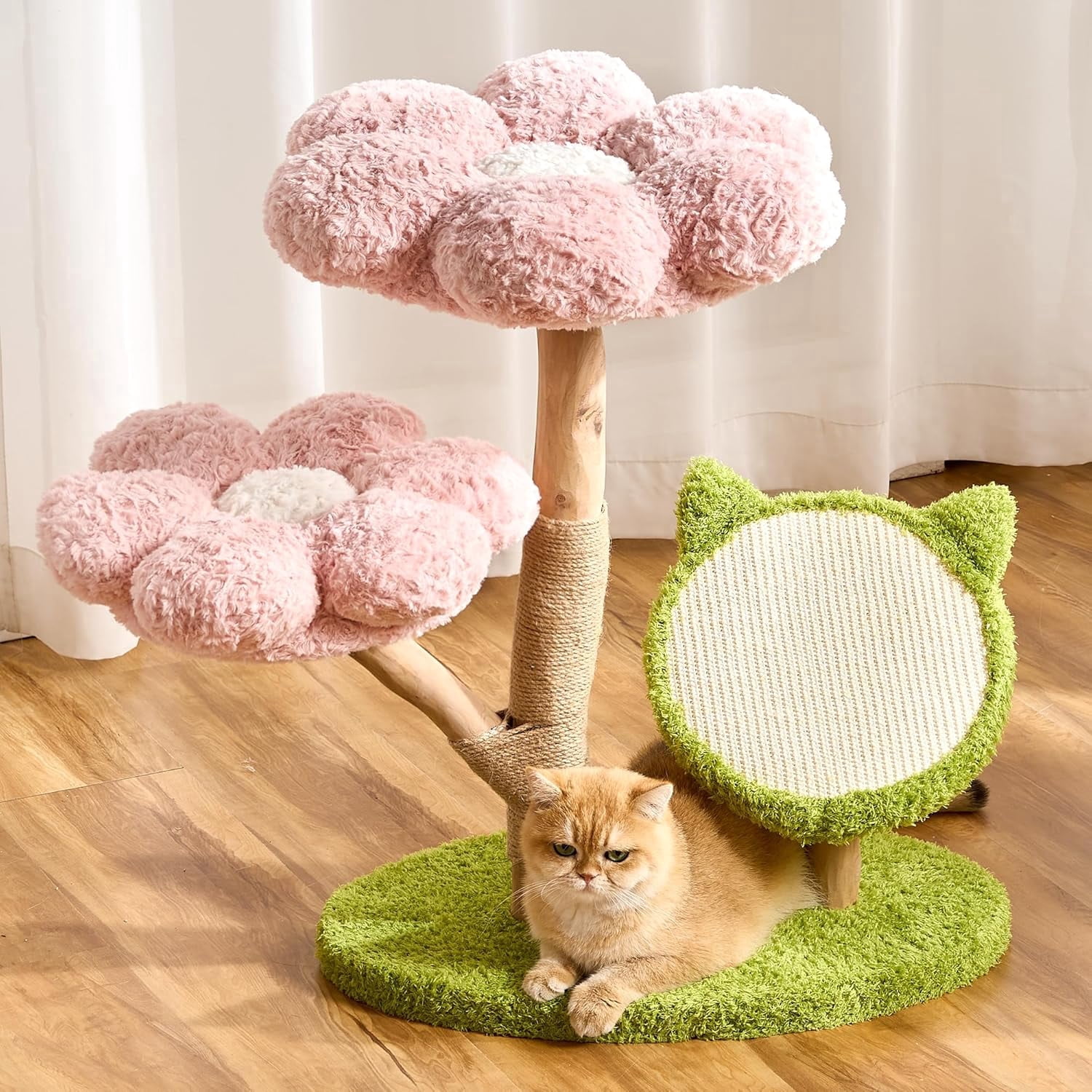 Modern Natural Solid Wood Cat Tree Tower for Indoor Cats Large Adult, 30 inch Flower Cat Tree with Scratching Post, Luxury Aesthetic Cat Tree with Cloud-Soft Flower Perches and Sisal Scratching Pad