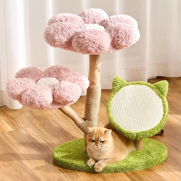 Modern Natural Solid Wood Cat Tree Tower for Indoor Cats Large Adult, 30 inch Flower Cat Tree with Scratching Post, Luxury Aesthetic Cat Tree with Cloud-Soft Flower Perches and Sisal Scratching Pad