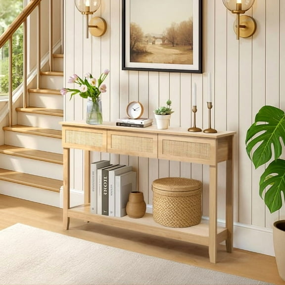 Modern Natural Wood Console Table with 3 Drawers & Open Shelf, 51.2" Sofa Table for Entryway, Hallway, Behind Couch, MDF Construction, Handleless Design