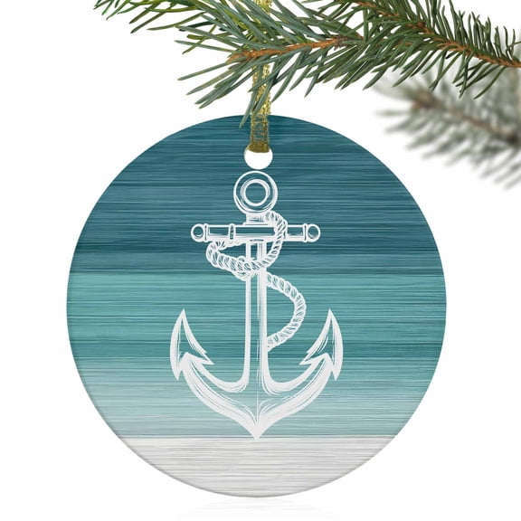 Modern Nautical Anchor Sketch Christmas Ceramic Ornament 2025,3" Round Xmas Tree Hanging Accessories with Gold Ribbon