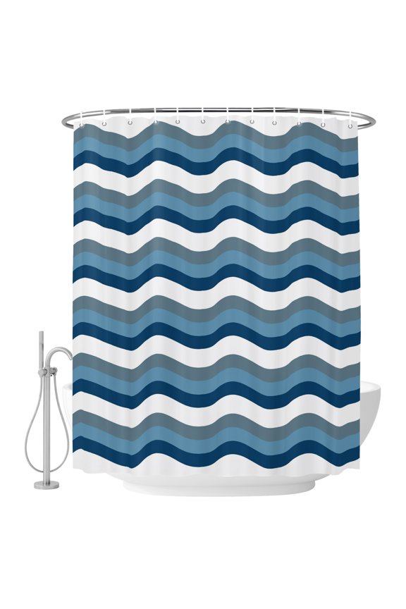 Modern Nautical Fabric Shower Curtain Classic Navy Blue White Waves Stripes Washable Shower Curtains for Bathroom, Waterproof Bath Curtain with Hooks Home Decor 36x72in