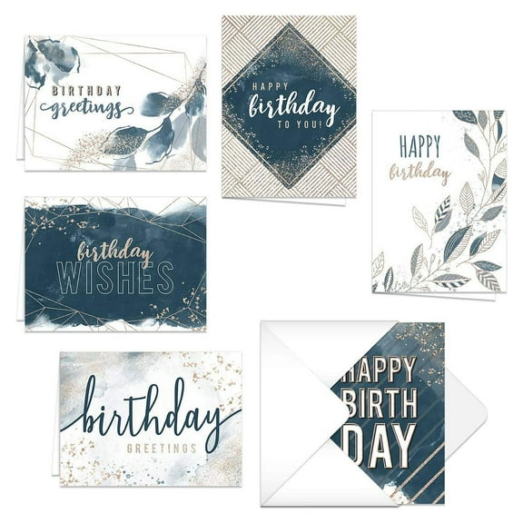 Modern Navy And Gold Tone Birthday Card Pack / 24 Birthday Greeting Cards With White Envelopes / 4 5/8" x 6 1/4" Birthday Note Cards / 6 Gender Neutral Birthday Designs