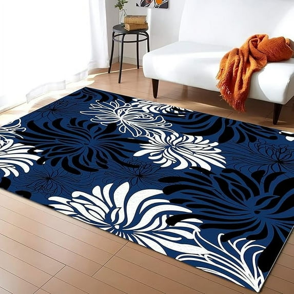 Modern Navy Blue Black White Area Rug, Abstract Floral Plant Throw Print Rugs, Indoor Non-Slip Kids Machine Washable Breathable Durable Carpet For Front Entrance Floor Decor 5' x 6'