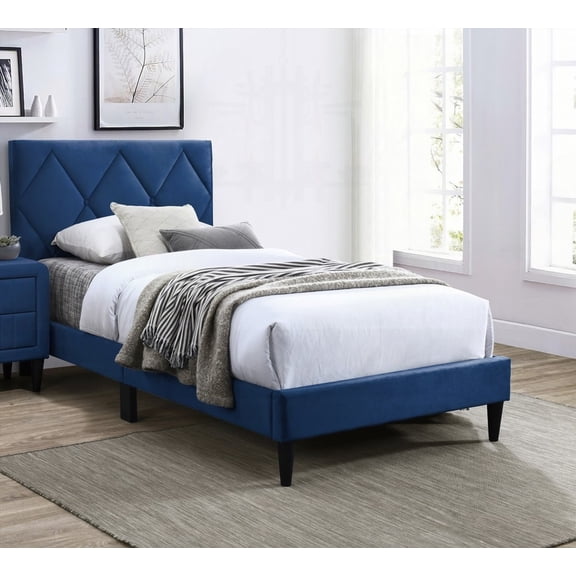 Modern Navy Blue Full Size Bed w Adjustable Headboard|Tufted Design|Particle Board-Foam-Plastic leg