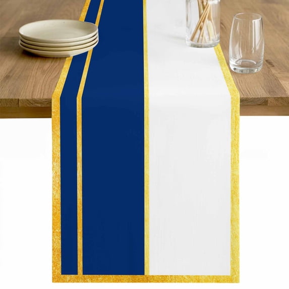 Modern Navy Blue Gold Table Runner - 48 Inch Long Minimalist Geometric Yellow Striped Cotton and Linen Blended Dress Scarves Farmhouse Table Runner for Kitchen Dining, Coffee Table, 13" x 48"