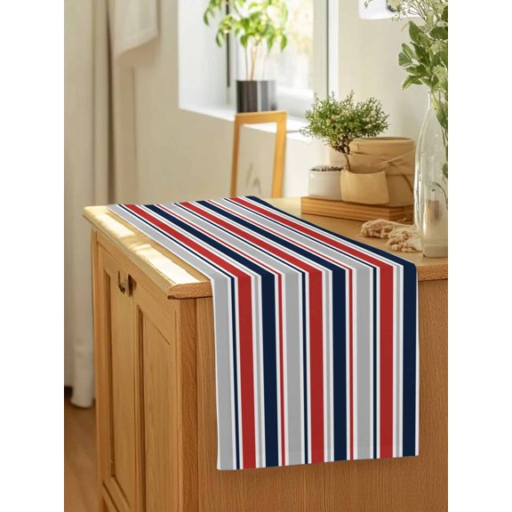 Modern Navy Blue Gray Red Stripe Table Runner 13x90in Non-Slip Cotton Linen Table Runners, Abstract Minimalist Line Dresser Scarves TableRunner for Dinner Kitchen Dining Wedding Party