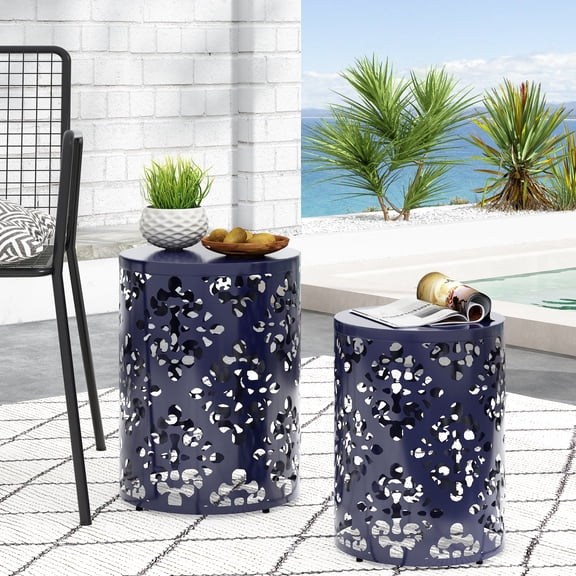 Modern Navy Blue Metal Accent Tables - Iron Cut Feature, Powder-coated Frame, Ready To Use End Table Instant