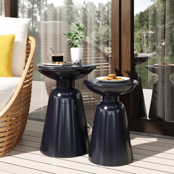 Modern Navy Blue Metal End Table S/2, Powder-coated Iron Frame With Pedestal Structure, Design, 15" W X D 20.81" H & 12" 17.25" H, Assembly Needed S/2 , Design And Strong Framework, 15x15x20.81"