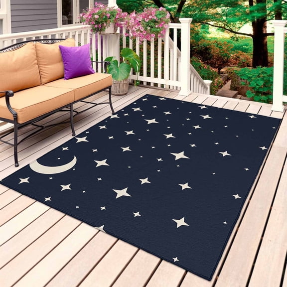 Modern Navy Blue Outdoor Rug for Patio/Deck/Porch, Non-Slip Large Area Rug 4 x 6 Ft, Japanese Style Moon Stars Minimalism Indoor Outdoor Rugs Washable Area Rugs, Reversible Camping Rug Carpet Runner