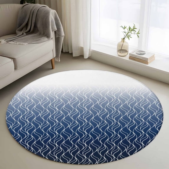 Modern Navy Blue Round Area Rug 3Ft Washable Small Circle Rugs for Kitchen Entryway, Abstract Ombre Geometric Morocco Non-Slip Carpet Floor Mats Indoor Outdoor Carpet Runner Aesthetic Home Decor