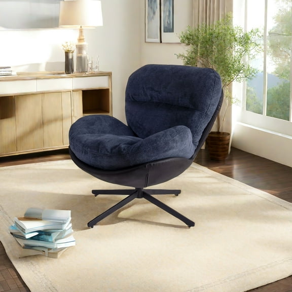Modern Navy Blue Swivel Chair, Chenille & Faux Leather Upholstery, Construction For Living Room, Bedroom, Office 360° Rotating Chair In Blue, , Daily Use
