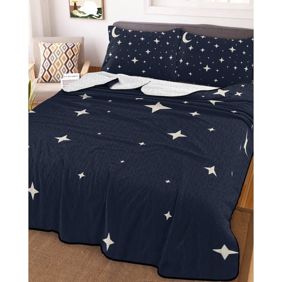 Modern Navy Blue Twin Size Down Alternative Comforter, Lightweight Comforter Quilt Bedding Set with Pillow Shams Japanese Style Moon Stars Minimalism All Seasons Bed Comforter Duvet Insert 68"x86"