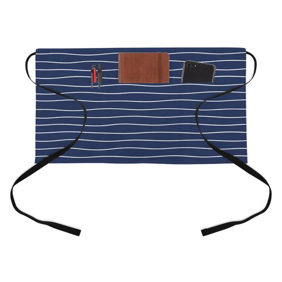 Modern Navy Blue Wavy Stripe Kitchen Restaurant Half Waist Apron, Abstract Trend Rippling Water Lines Server Short Apron with 3 Pockets Waterproof Oil Waist Aprons for Women Waitress Waiter