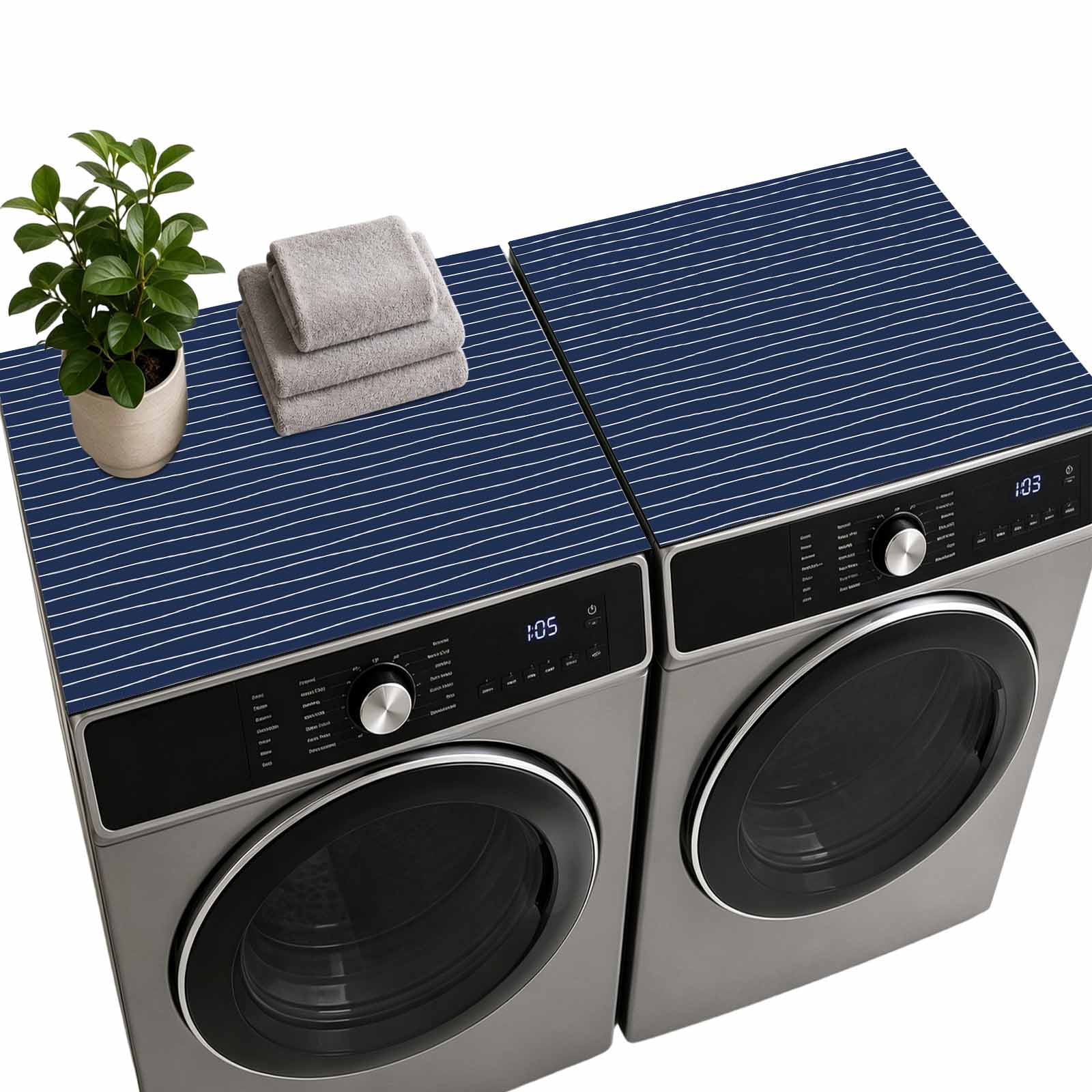 Modern Navy Blue Wavy Stripe Washer Dryer Top Protector Mat 2PC, 27