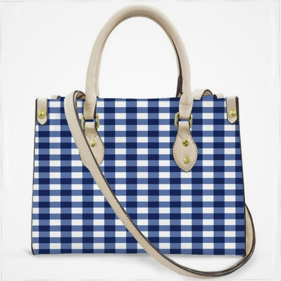 Modern Navy Blue White Buffalo Check Geometric Plaid Cross Body Bags For Women Small Leather Female Handbags Fashion Top-Handle Totes