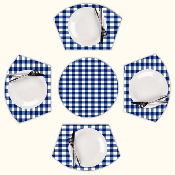 Modern Navy Blue White Buffalo Check Geometric Plaid Round Table Placemats Set Of 5 Wedge Table Mats Washable Heat Resistant Place Mat For Dining Table Kitchen Farmhouse Restaurant