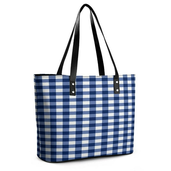 Modern Navy Blue White Buffalo Check Geometric Plaid Woman Leather Handbags Large Tote Bag Fashion Portable Handbags With Zipper