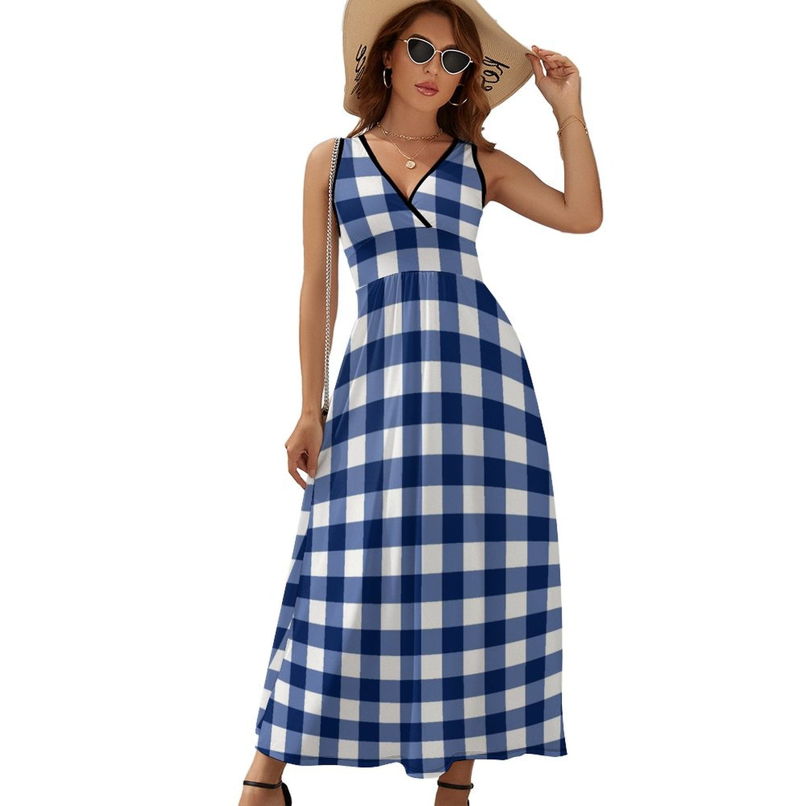 Modern Navy Blue White Buffalo Check Geometric Plaid Womens Night Club Maxi  Dress V Neck Sleeveless Bohemia Long Dresses - Walmart.com