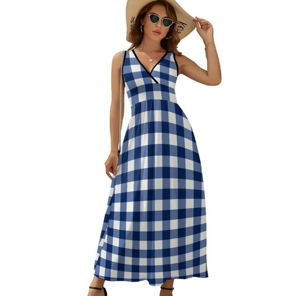 Modern Navy Blue White Buffalo Check Geometric Plaid Womens Night Club Maxi Dress V Neck Sleeveless Bohemia Long Dresses