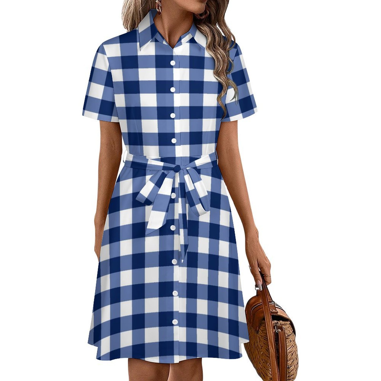Modern Navy Blue White Buffalo Check Geometric Plaid Womens Shirt Dresses  Women'S Short Sleeve Dress Turn-Down Collar Dress A Line Casuall Dress  Oversize(XS-6XL) - Walmart.com