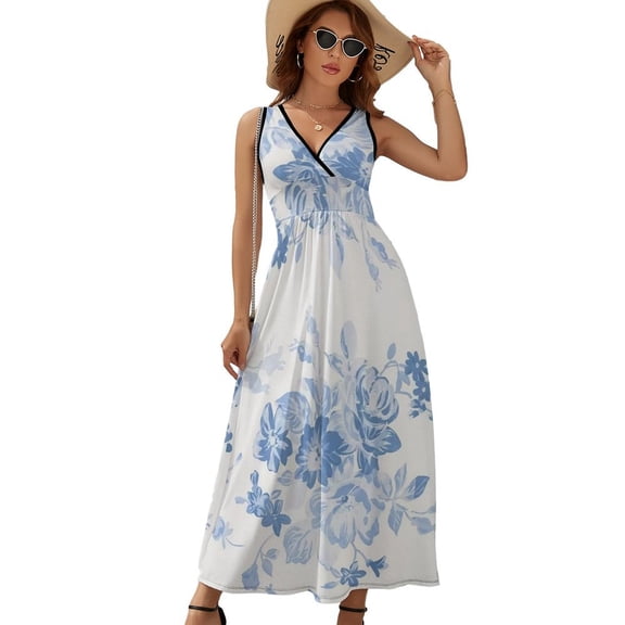 Modern Navy Blue White Watercolor Elegant Floral Dress Fashion Boho Beach Long Dresses Female Party Printed Maxi Dress