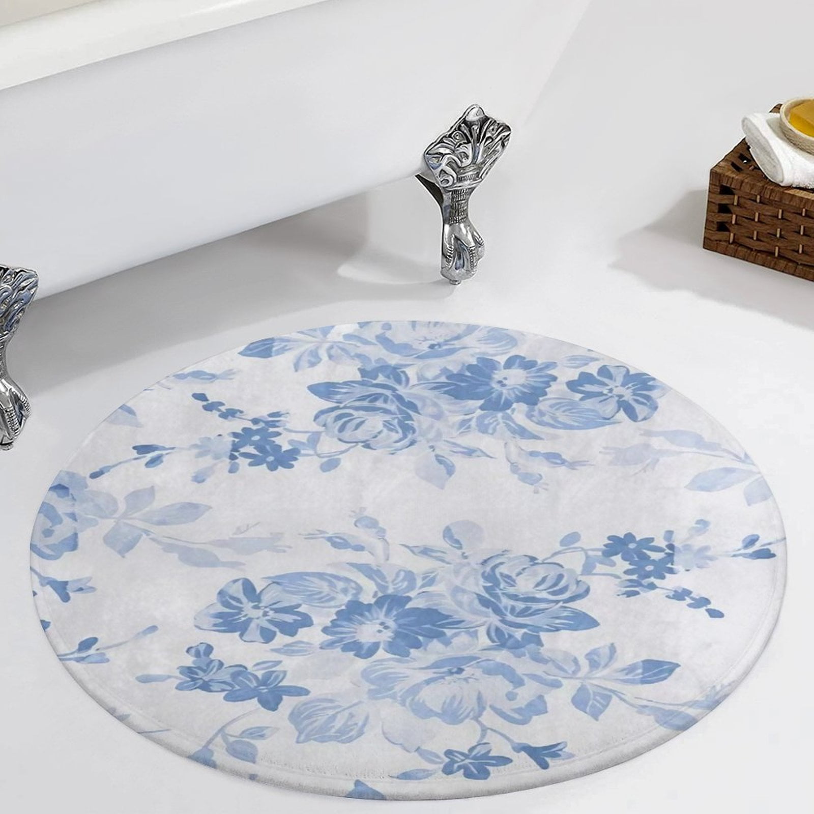 Modern Navy Blue White Watercolor Elegant Floral Round Carpet Circle ...