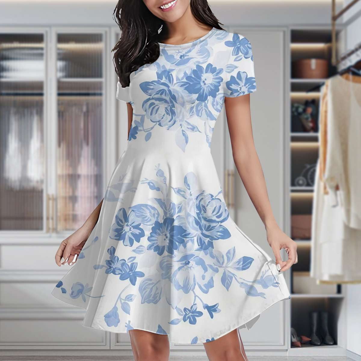 Modern Navy Blue White Watercolor Elegant Floral Women's Classic Swing  Skater Dress Casual Work Party Cocktail Dresses