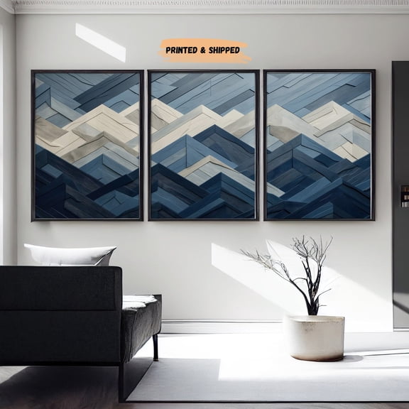 Modern Navy Mountain Wood Panel Wall Art Set 3 Unframed Paper Print 20x30