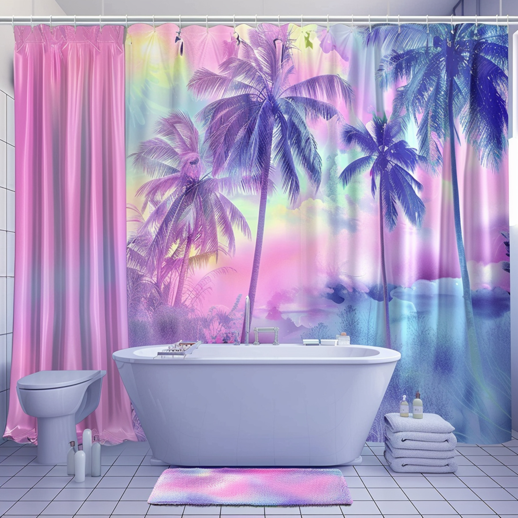 Modern Neon Palm Tree Bathroom Decor Set Vibrant Tropical Theme with
