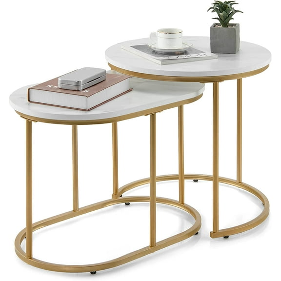 Modern Nesting Coffee Table Set of 2, Coffee Table & End Table Sets, Golden Steel Frame, Easy Assembly, Accent Marble-Look Stacking Side Table for Living Room Bedroom Apartment (Gold)