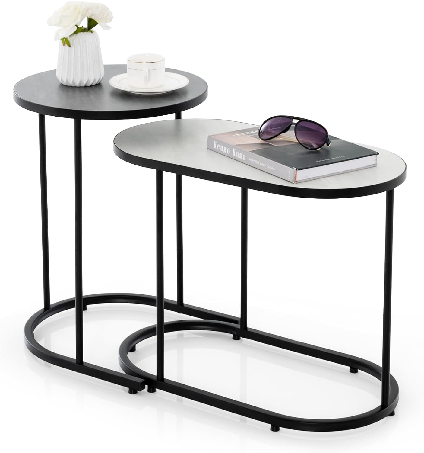 Modern Nesting Coffee Table Set of 2, Coffee Table & End Table Sets, Black Steel Frame, Easy