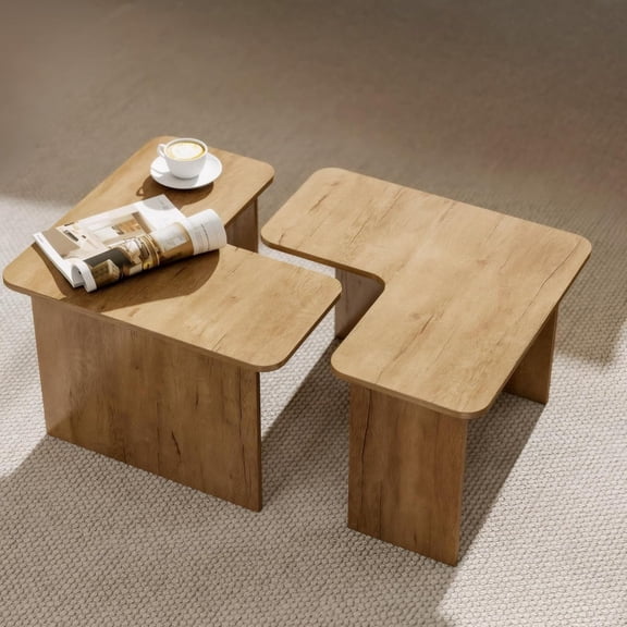 Modern Nesting Coffee Table Set of 2, Natural Wooden L-Shape Square Coffee Table for Living Room,Small Center Table End Table Sets Light Tabel with Rustic Wood Grain for Bedroom Office Cafe