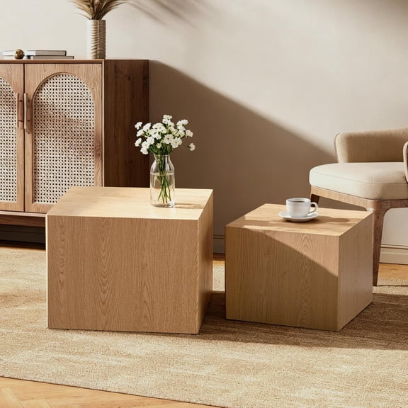 Modern Nesting Coffee Table Set of 2, Rustic Wood Coffee Square End Table, Cube Side Table for Living Room Apartment Small Space, No Assembly, Natural