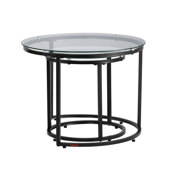 Modern Nesting Coffee Table Set of 2 - 23.6" Round Glass End Tables with Metal Frame for Living Room, Bedroom, Balcony