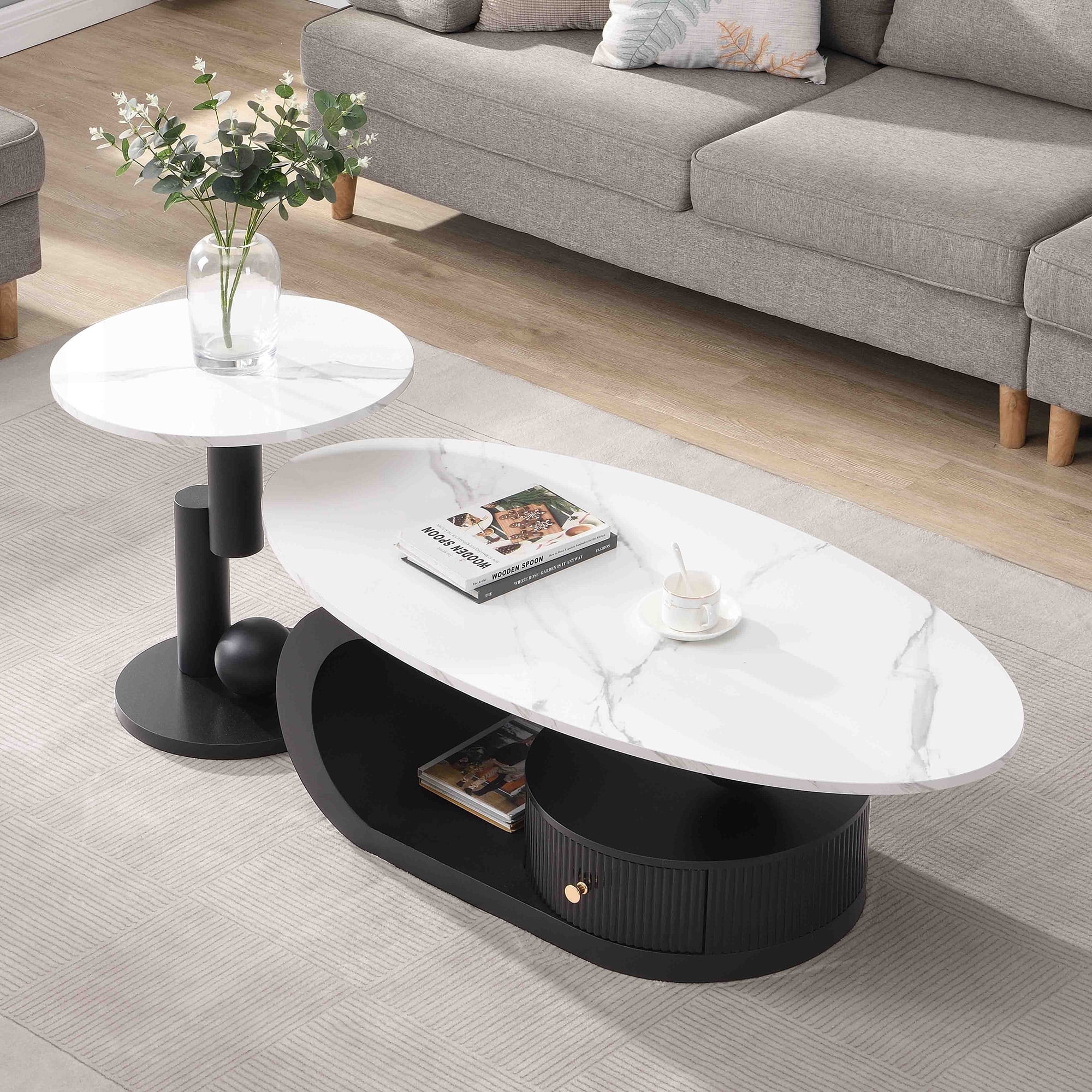 ENSHUI Modern Oval Stone Nesting Coffee Table Set of 2 , with Metal ...