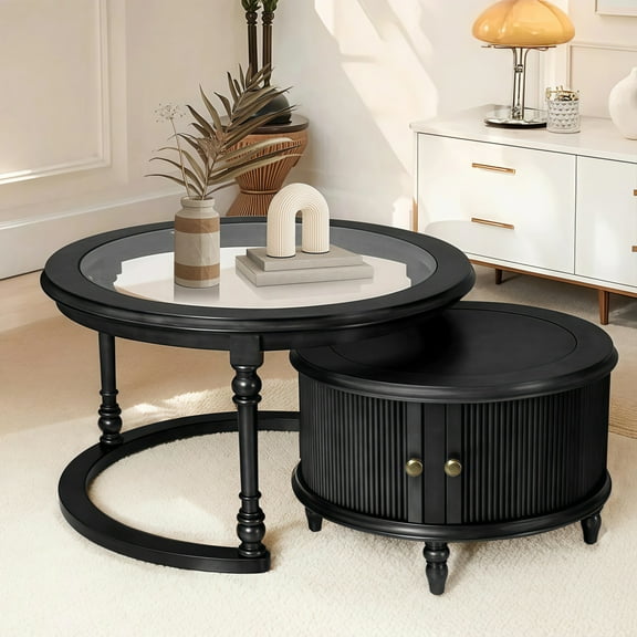 Modern Nesting Coffee Table Set of 2, Solid Wood Side Table with Storage, Glass Top and Metal Handle for Living Room, Black