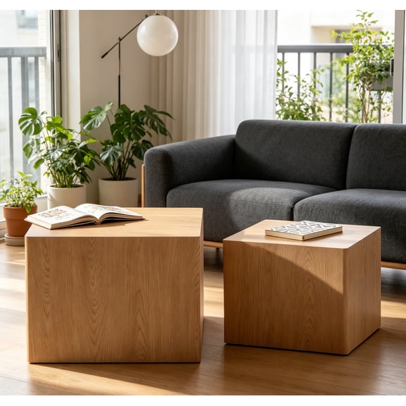 Modern Nesting Coffee Table Set of 2, Wooden Nesting End Table Small Side Table, Square Coffee Table for Living Room, Office, No Assembly, Natural
