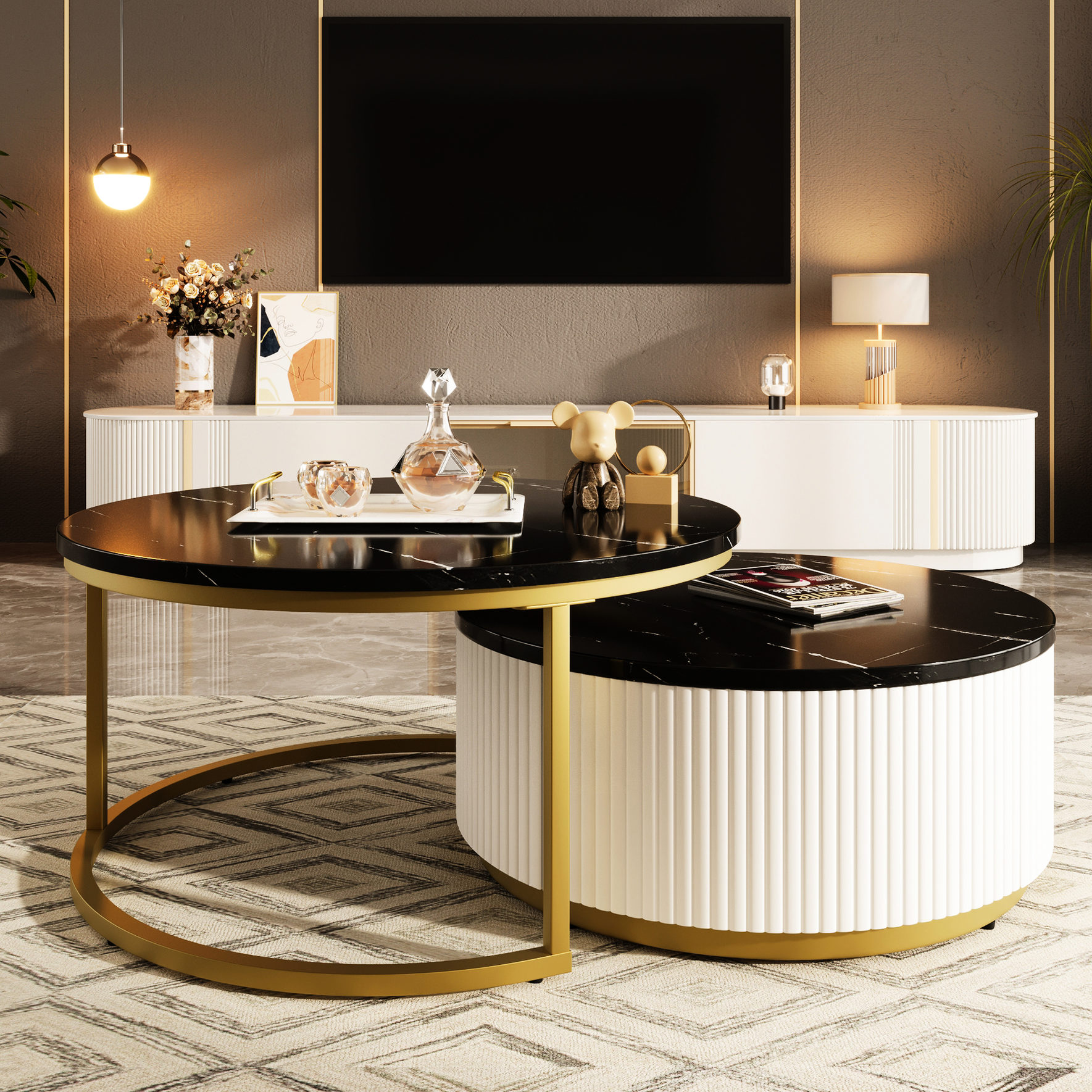 Modern Nesting Coffee Table Set with Drawer and Fluted Base - Offers ...