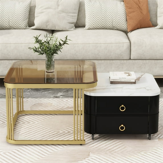 Modern Nesting Coffee Table, Square Metal Frame Table with Wheels and 2 Drawers, Stackable Side Table Cocktail Table with High Gloss Marble Grain Top, Floor Table, for Living Room, Bedroom