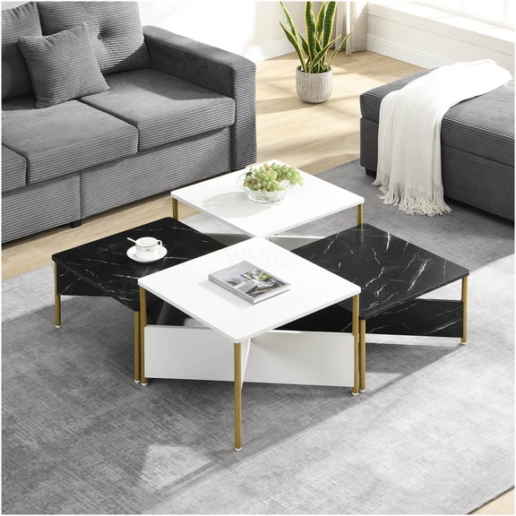Modern Nesting Coffee Tables Set of 4, Adjustable Shape Square Living Room Table with Marble Effect Top and Gold Metal Legs, Black and White Accent Furniture