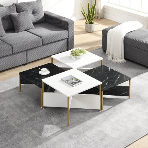 Modern Nesting Coffee Tables Set of 4  Mid-Century Modern Square Living Room Table, Free Adjustable Shape, Versatile Accent Furniture, Black & White Marble-Effect with Gold Legs