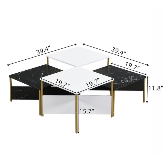 Modern Nesting Coffee Tables Set of 4 - Mid Century Square Living Room Table, Free Adjustable Shape, Versatile Accent Furniture Black & White