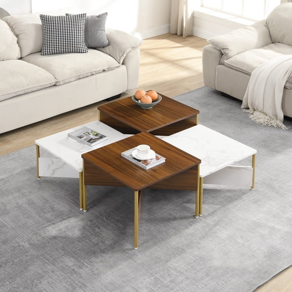 Modern Nesting Coffee Tables Set of 4 with Adjustable Layouts, Mid-Century Square Accent Tables in White and Walnut for Living Room Furniture