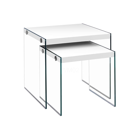 Modern Nesting Tables Set of 2 with Glass Base - Glossy White Square Accent Tables for Living Room, Bedroom