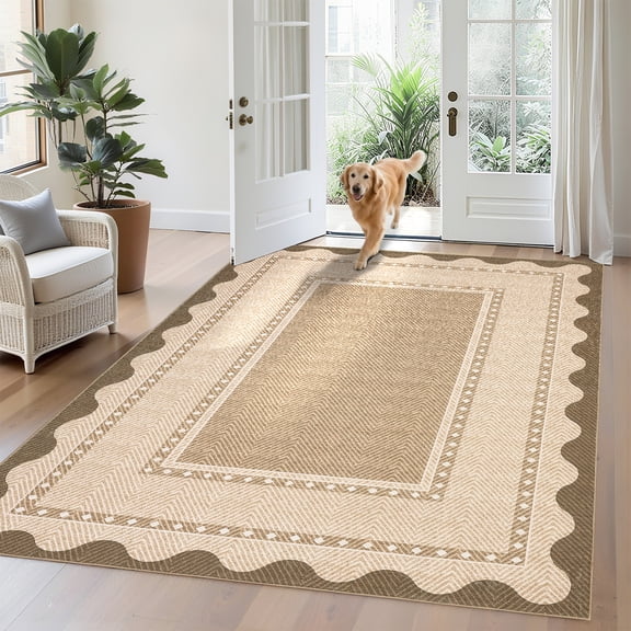 Modern Neutral Area Rug 5x7 Non Slip Washable Rugs for Living Room, Contemporary Border Print Pattern Foldable Soft Carpet, Low Pile Floor Mats for Dining Room, Bedroom, Linen Color